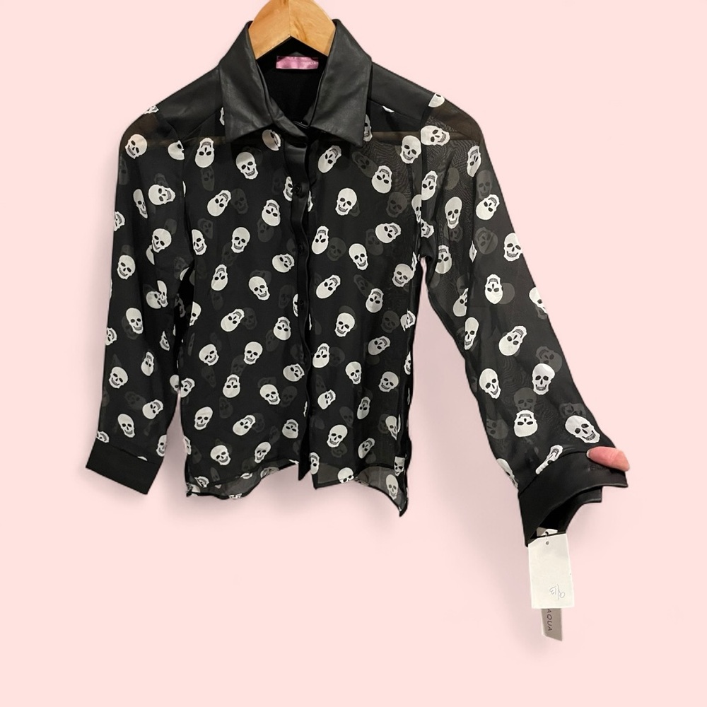Cute sheer skulls faux leather collar trim blouse NWT Aqua girls whimsigoth